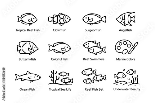 Tropical fish icons: clownfish, angelfish, butterflyfish, reef swimmers, ocean life art set