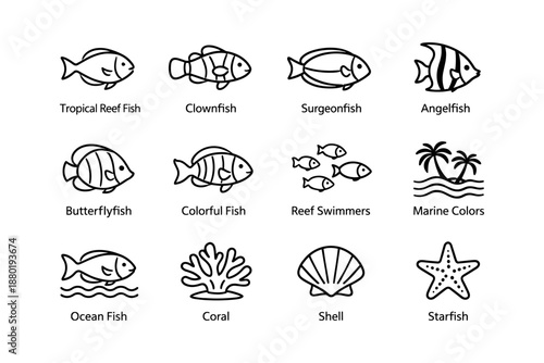 Tropical reef fish and marine life icons including clownfish and starfish