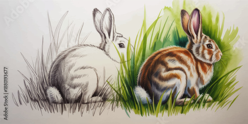 Watercolor rabbit illustration transforming from pencil sketch to colorful painting in green grass, creative animal art concept