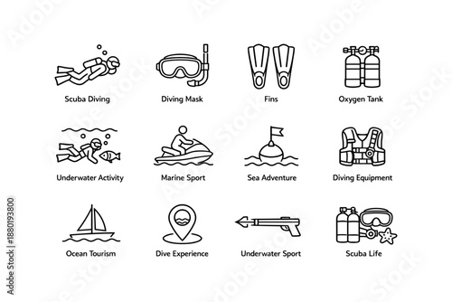 Marine adventure icons: scuba diving, jet ski, snorkeling, ocean tourism, equipment