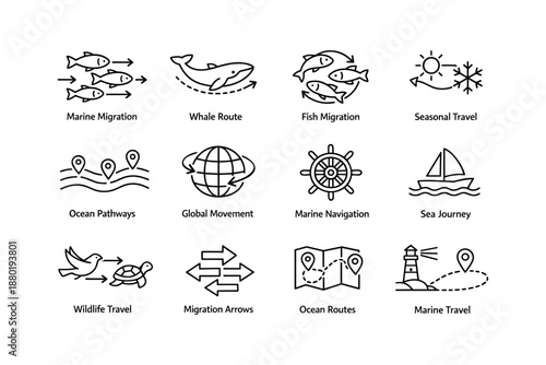 Marine migration icons: fish, whales, maps, navigation, travel