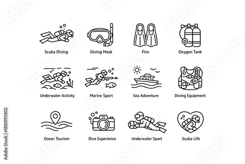Scuba diving equipment line icons: mask, fins, oxygen tank, marine sports, adventure