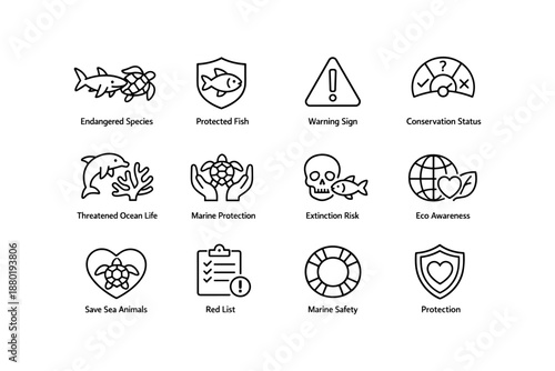 Marine conservation icons highlighting endangered species and ocean protection