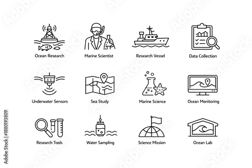 Ocean research and science icons set featuring marine scientist and tools