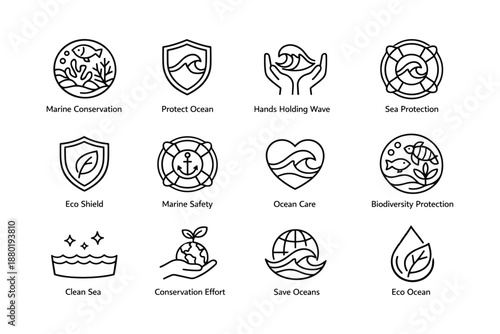Marine conservation icons: protect ocean, eco shield, biodiversity protection