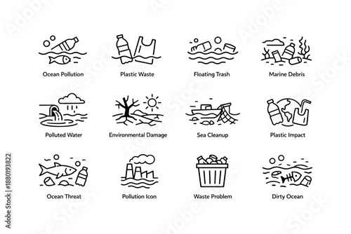 Icons depicting ocean pollution and environmental impact