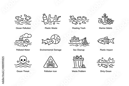 Ocean pollution icons illustrating plastic waste and environmental damage