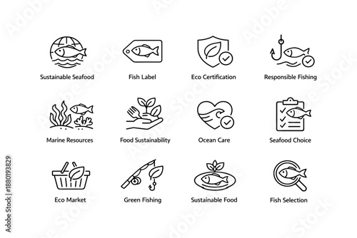Eco-friendly fishing icons: sustainable seafood, marine resources, ocean care, green practices