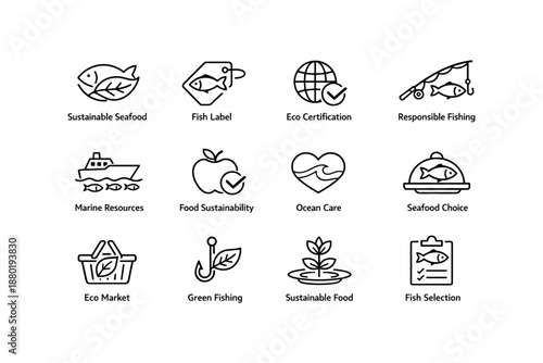 Sustainable seafood and eco-friendly practices icon set for marine conservation
