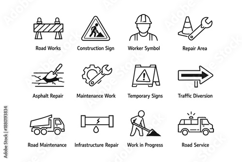 Road construction and maintenance icons set for infrastructure repair