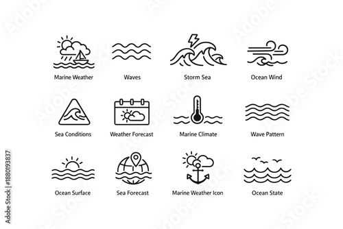 Marine weather icons featuring ocean waves, storms, and forecast symbols