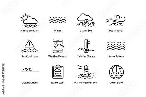 Set of marine weather icons: waves, storms, wind, forecasts, and ocean conditions