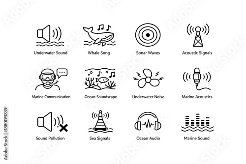 Set of marine audio icons including underwater sound and whale song