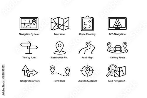 Navigation icons set featuring maps, gps, and route planning symbols