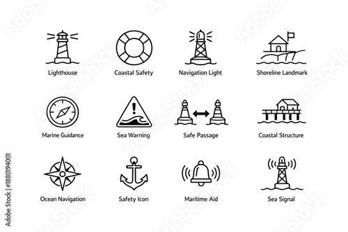 Nautical icons set featuring lighthouse, navigation light, compass, and marine symbols