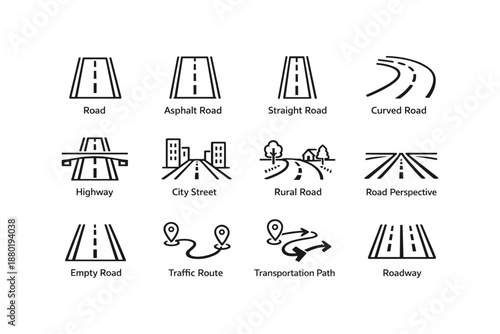 Road icon set: various highways, streets, paths, with perspectives and curves