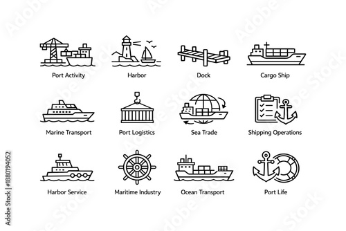 Icon set of port activity and maritime industry with ship, harbor, and anchor