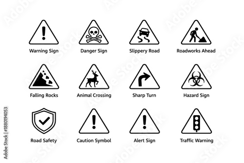 Warning and danger symbols: road safety and hazard alert signs collection