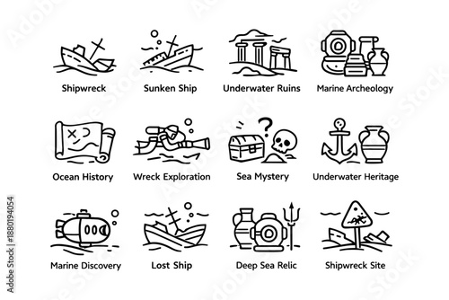 Nautical icons: shipwrecks, marine archeology, underwater exploration symbols