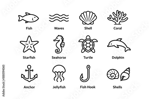 Marine icons collection: fish, waves, shell, coral, starfish, seahorse, turtle, dolphin