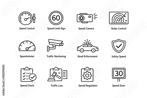 Set of speed control and traffic monitoring icons for road safety