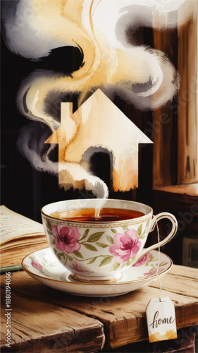 Cozy home comfort with steaming tea cup and house shaped steam on rustic wooden table, warm hygge illustration for relaxation