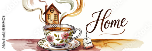 Cozy home tea illustration with floral cup, house shaped steam, handwritten home lettering and warm watercolor background