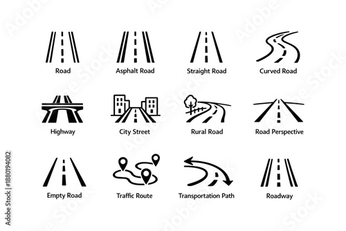 Road sign icon set with traffic routes and highway symbols