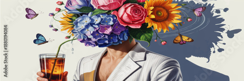 Surreal man with blooming flower head drinking iced tea, butterflies flying around colorful floral portrait on pastel background