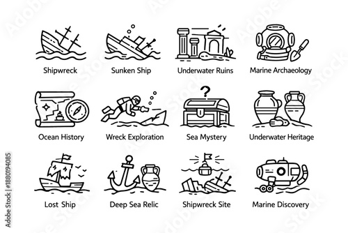 Shipwreck adventure icons: underwater exploration and marine archaeology