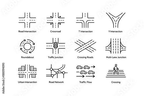 Traffic symbols: road intersection, crossroad, roundabout, crossing, traffic flow, urban network diagram