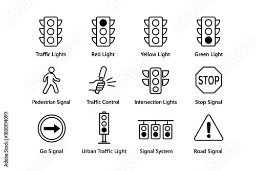Traffic signal icons: lights, pedestrian, go, stop, control, intersection
