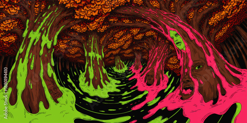 Surreal psychedelic forest of melting trees and neon slime with screaming faces in dark abstract horror fantasy landscape illustration