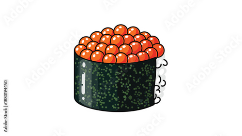 Salmon roe gunkan maki sushi illustration featuring bright orange fish eggs on top of rice wrapped in dark seaweed nori.