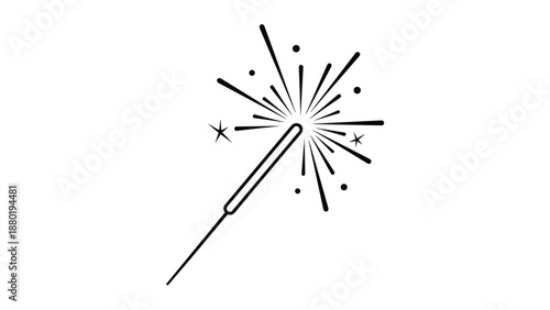 Hand drawn sparkler illustration with energetic sparks and dots radiating from the tip of a glowing wand against a plain white background.