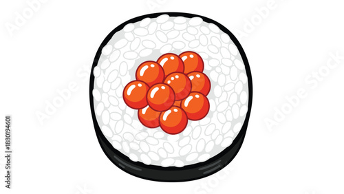 Top down view of a salmon roe gunkan maki sushi roll featuring bright orange fish eggs nestled on white rice within a dark seaweed wrap.