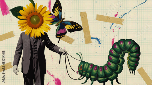 Surreal sunflower head man walking giant caterpillar with colorful butterfly on retro grid collage background, whimsical fantasy art