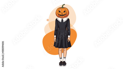 Character wearing a black school dress and white collar with a carved jack-o-lantern pumpkin instead of a head, set against orange shapes.