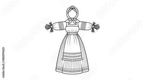 Intricate line art illustration of a traditional russian folk doll made of straw or cloth, wearing a kerchief and a decorated dress.