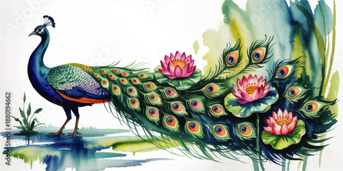 Vibrant watercolor peacock with lotus flowers and decorative feathers, elegant nature illustration for invitations and wall art