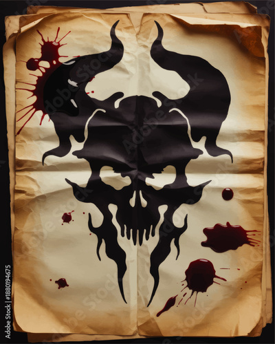 Dark grunge skull with horns on aged paper, blood splatter horror poster, gothic tattoo or metal album cover illustration