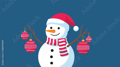Friendly snowman wearing a red santa hat and a striped scarf, holding colorful christmas baubles on its branch arms against a blue background.