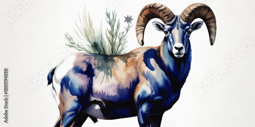 Watercolor bighorn sheep illustration with desert plants and star, modern wildlife art on light textured transparent backdrop