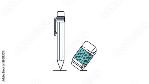 Minimalist illustration of a vertical pencil and a tilted rectangular eraser with a blue geometric pattern, isolated on a white background.