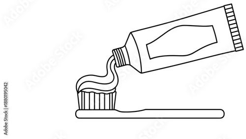 Action illustration of toothpaste being squeezed from a tube onto the bristles of a toothbrush in a clean black and white line art style.
