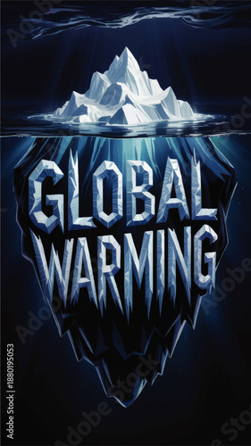 Global warming iceberg illustration, melting polar ice, climate change concept art, environmental crisis poster design