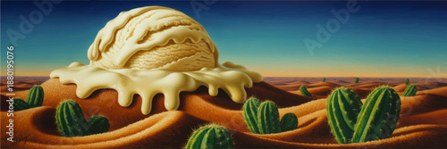 Surreal melting vanilla ice cream scoop in hot desert with green cacti, fantasy food illustration under blue sky at sunset