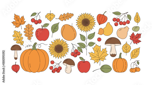 Vast assortment of colorful autumn-themed elements including various leaves, pumpkins, sunflowers, mushrooms, and fruits on a white background.