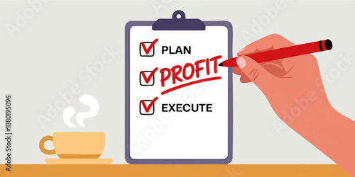 Business planning checklist illustration with hand writing profit on clipboard, plan execute strategy concept, startup success banner