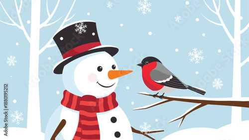 Charming winter scene featuring a smiling snowman in a top hat and red scarf looking at a colorful bullfinch bird perched on a branch.